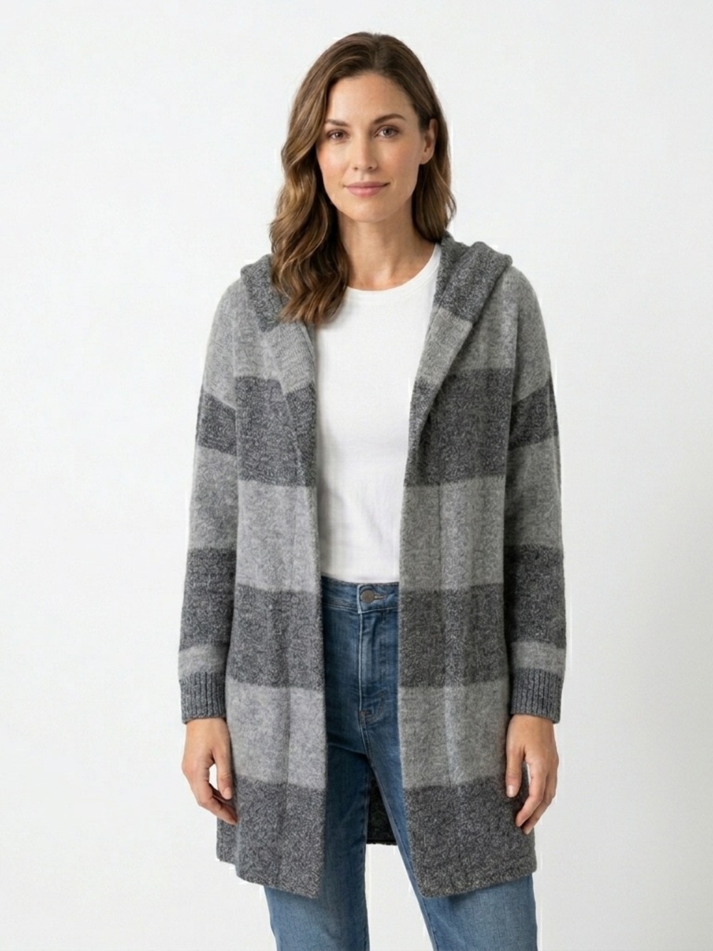 Neiman Marcus Cashmere Collection Striped Hooded Longline Cardigan Grey (L?)